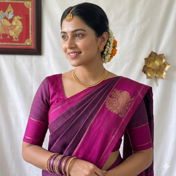 Deep maroon with pink border and zari pallu with Mayil chankram motif on border