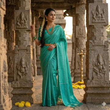 Sea Green Micro-Checks Kanchipuram Silk Saree
