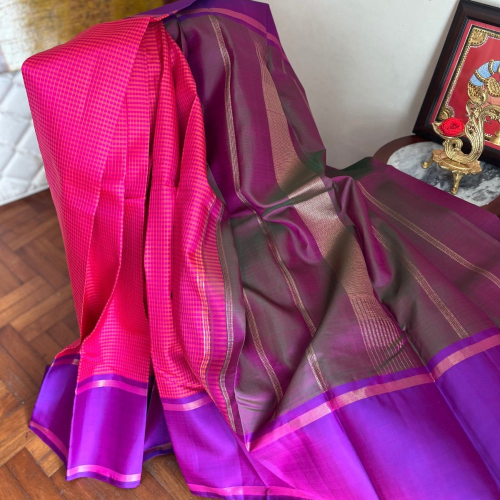 Temple Twilight- Rose pink, Royal purple with muted Olive Kanchipuram silks