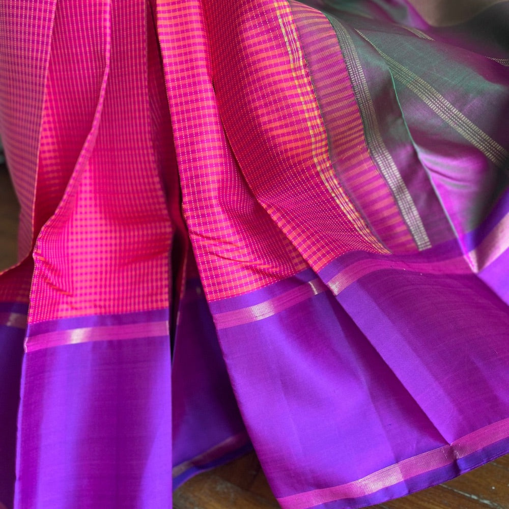 Temple Twilight- Rose pink, Royal purple with muted Olive Kanchipuram silks