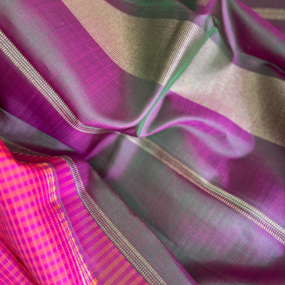 Temple Twilight- Rose pink, Royal purple with muted Olive Kanchipuram silks