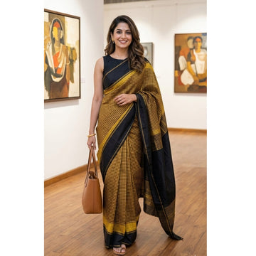 Black with mustard kasa kasa kattam Kanchipuram silks in vintage style border