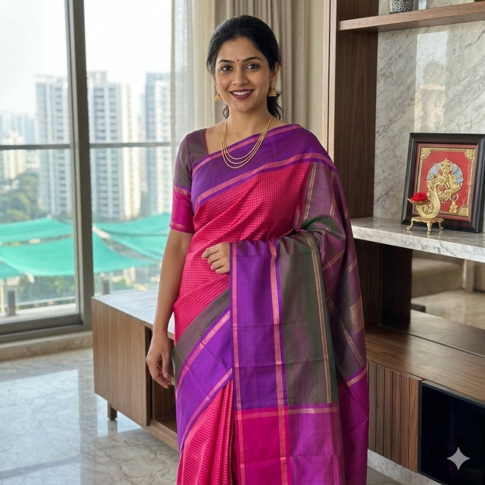 Temple Twilight- Rose pink, Royal purple with muted Olive Kanchipuram silks