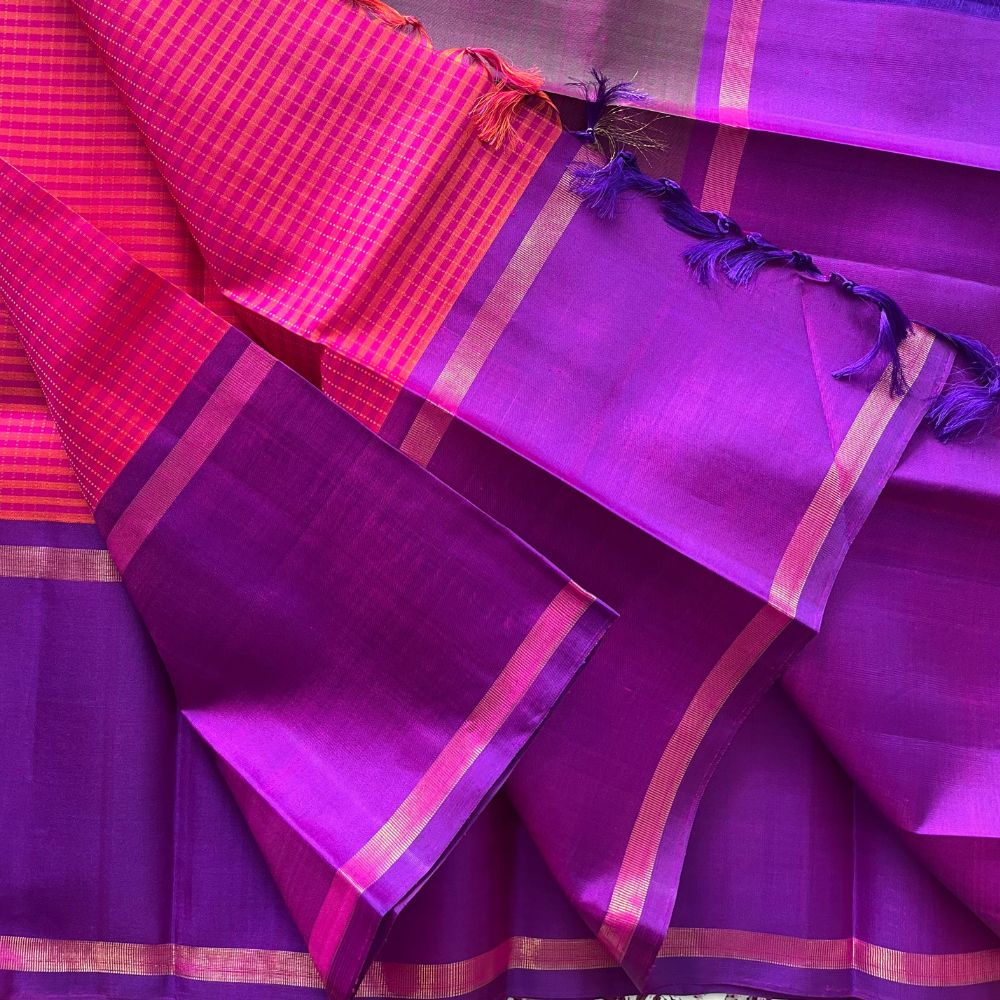 Temple Twilight- Rose pink, Royal purple with muted Olive Kanchipuram silks