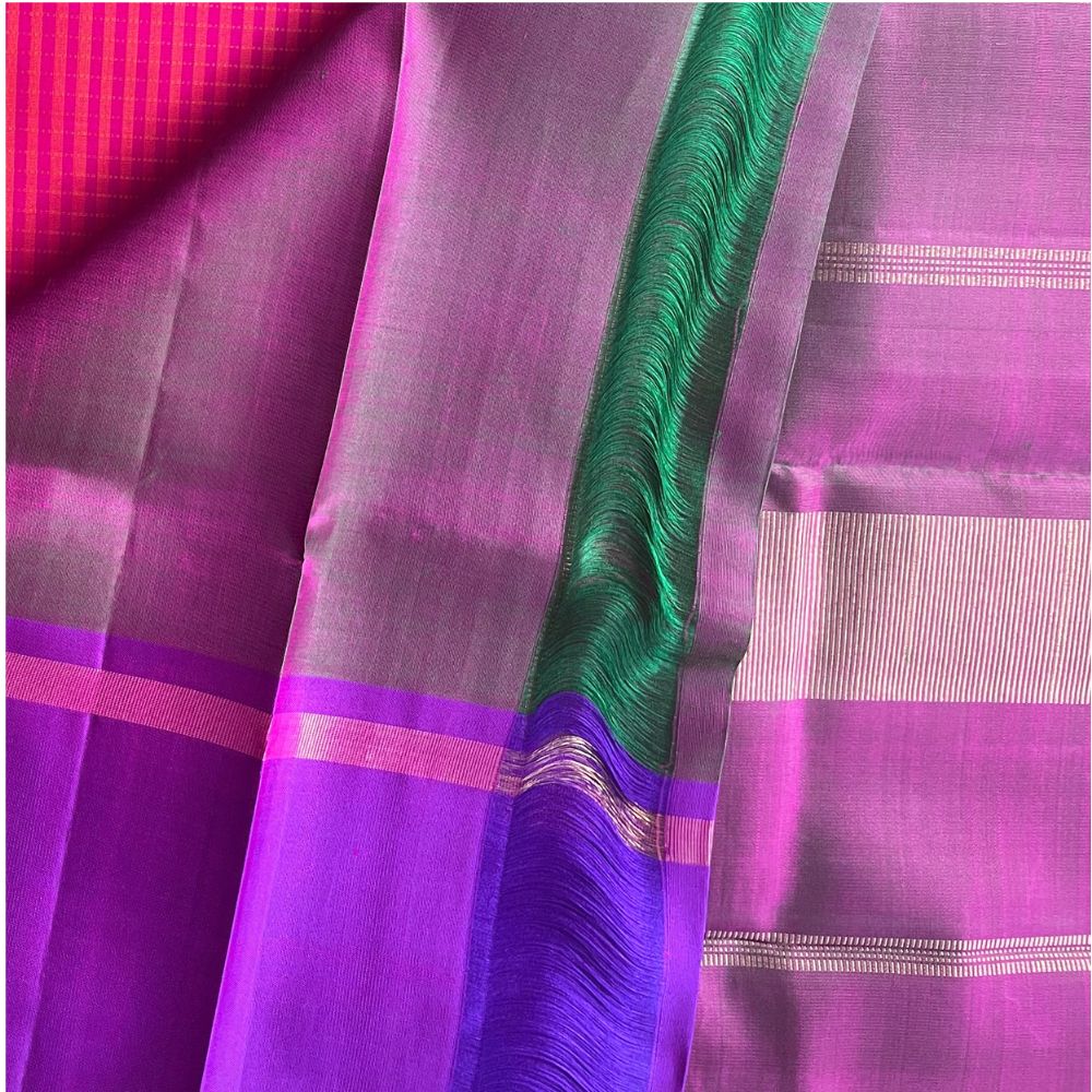 Temple Twilight- Rose pink, Royal purple with muted Olive Kanchipuram silks