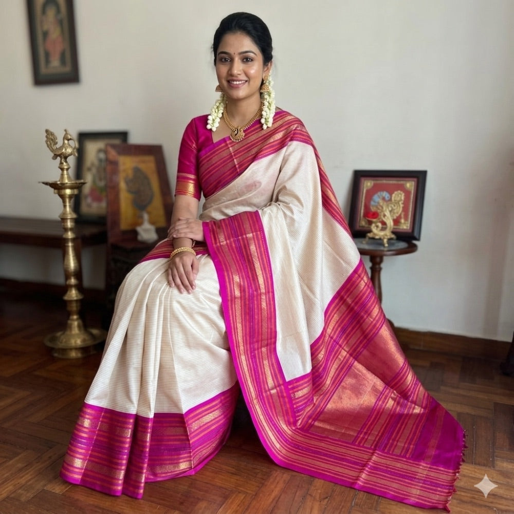 Varisei pettu, in beige and Rani pink Kanchipuram silk