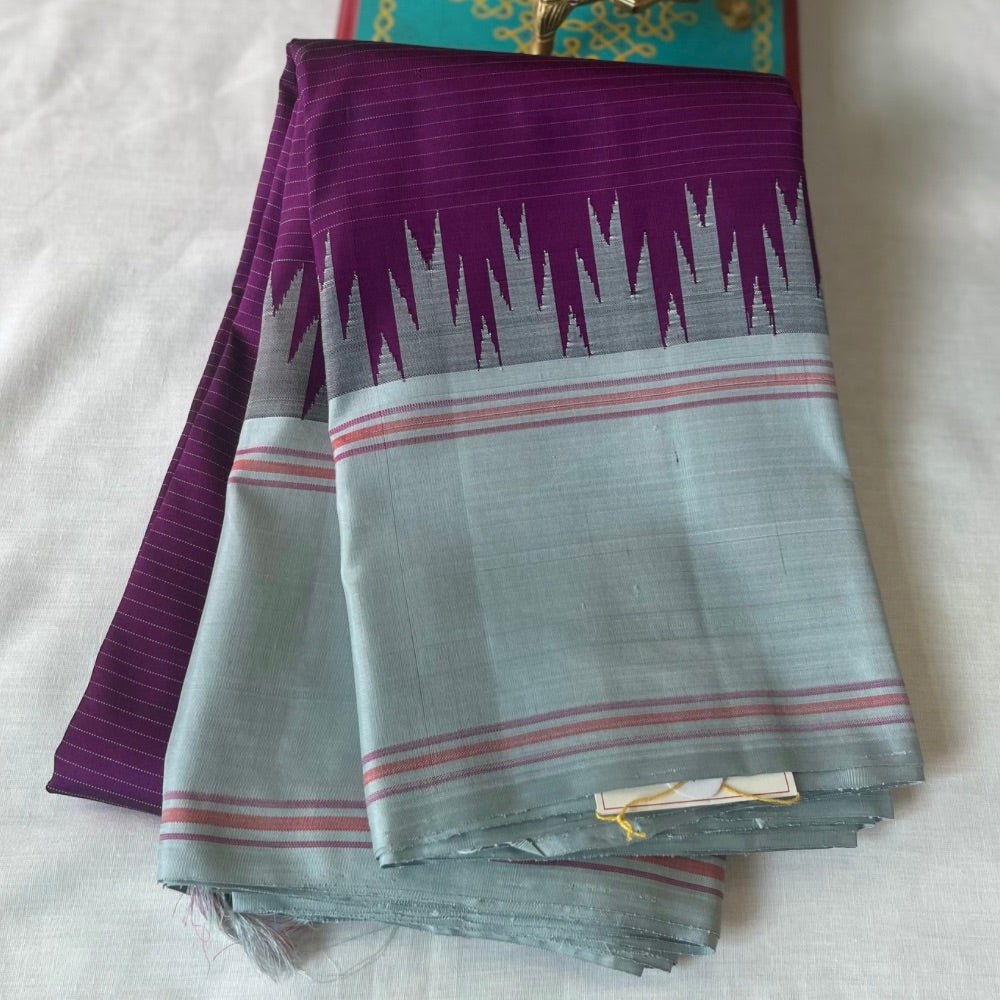 Deep Purple with Ash temple border with horizontal stripes on body, Non- Zari Kanchipuram silk saree
