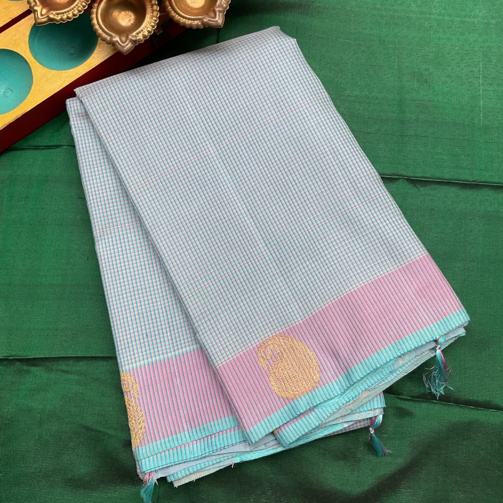 Sea Blue kasa kasa checks with mango motifs, Pink pallu & blouse Kanchipuram silk saree