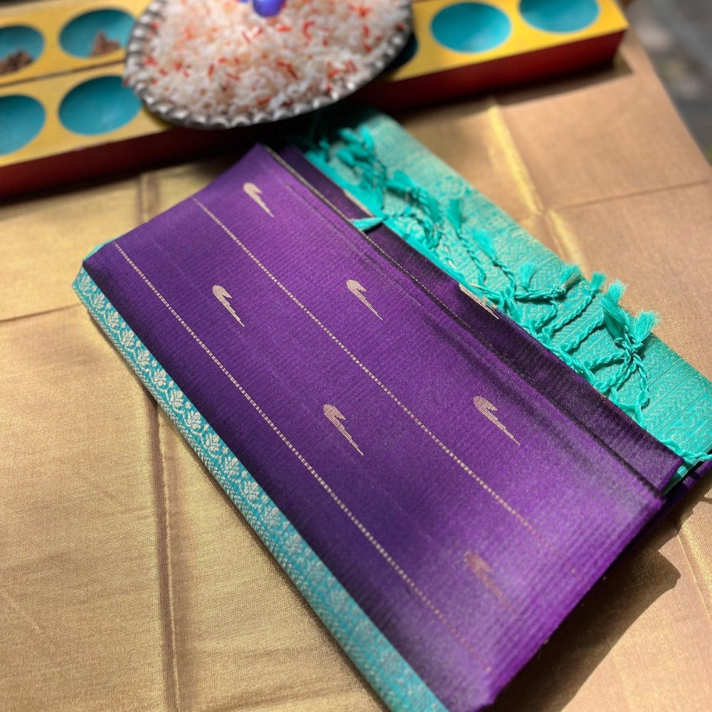 Deep Purple with Teal Blue in Kanchipuram silks, light weight
