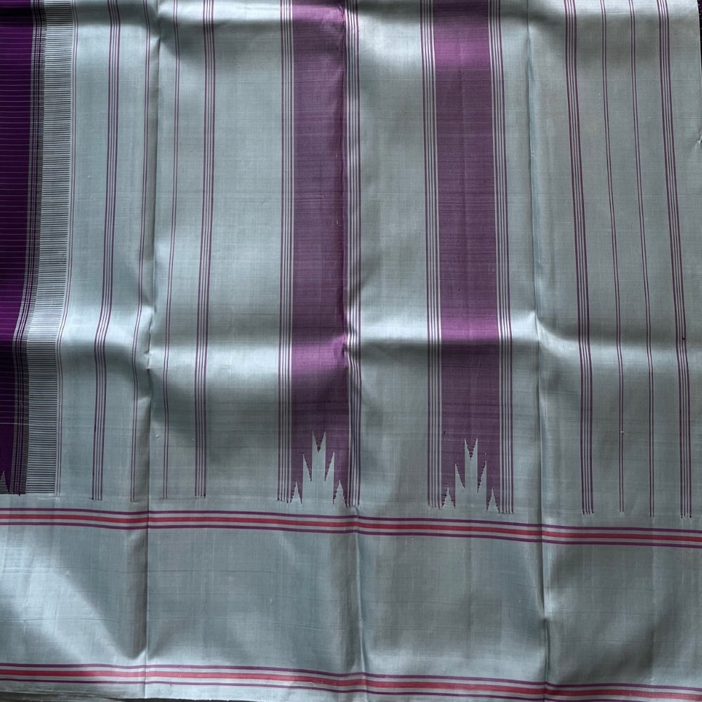 Deep Purple with Ash temple border with horizontal stripes on body, Non- Zari Kanchipuram silk saree