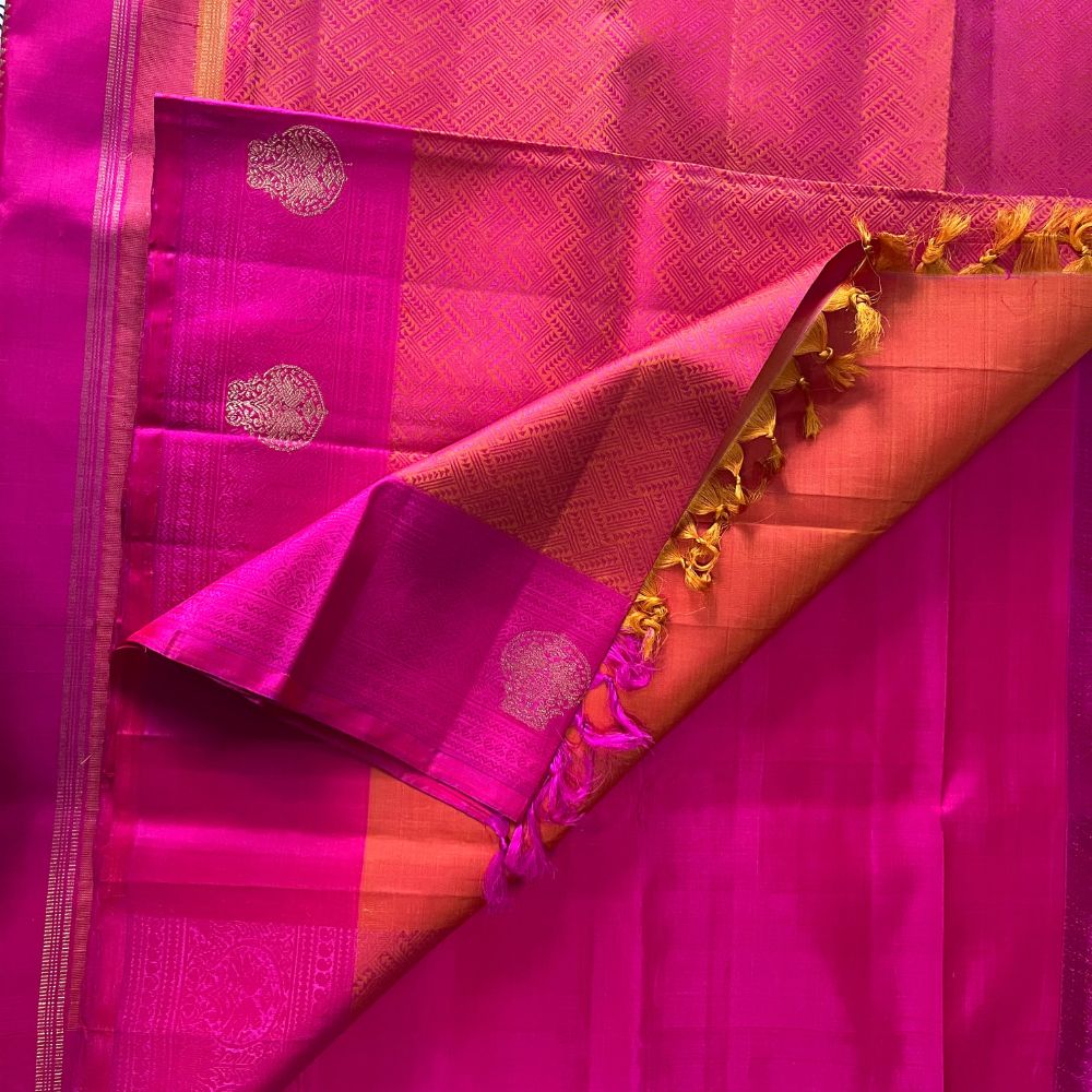 Deep pink with Orange jacquard rich zari in pallu