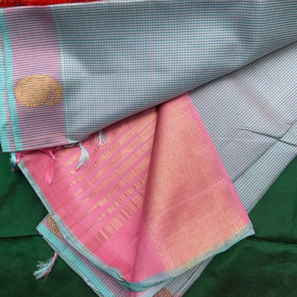 Sea Blue kasa kasa checks with mango motifs, Pink pallu & blouse Kanchipuram silk saree
