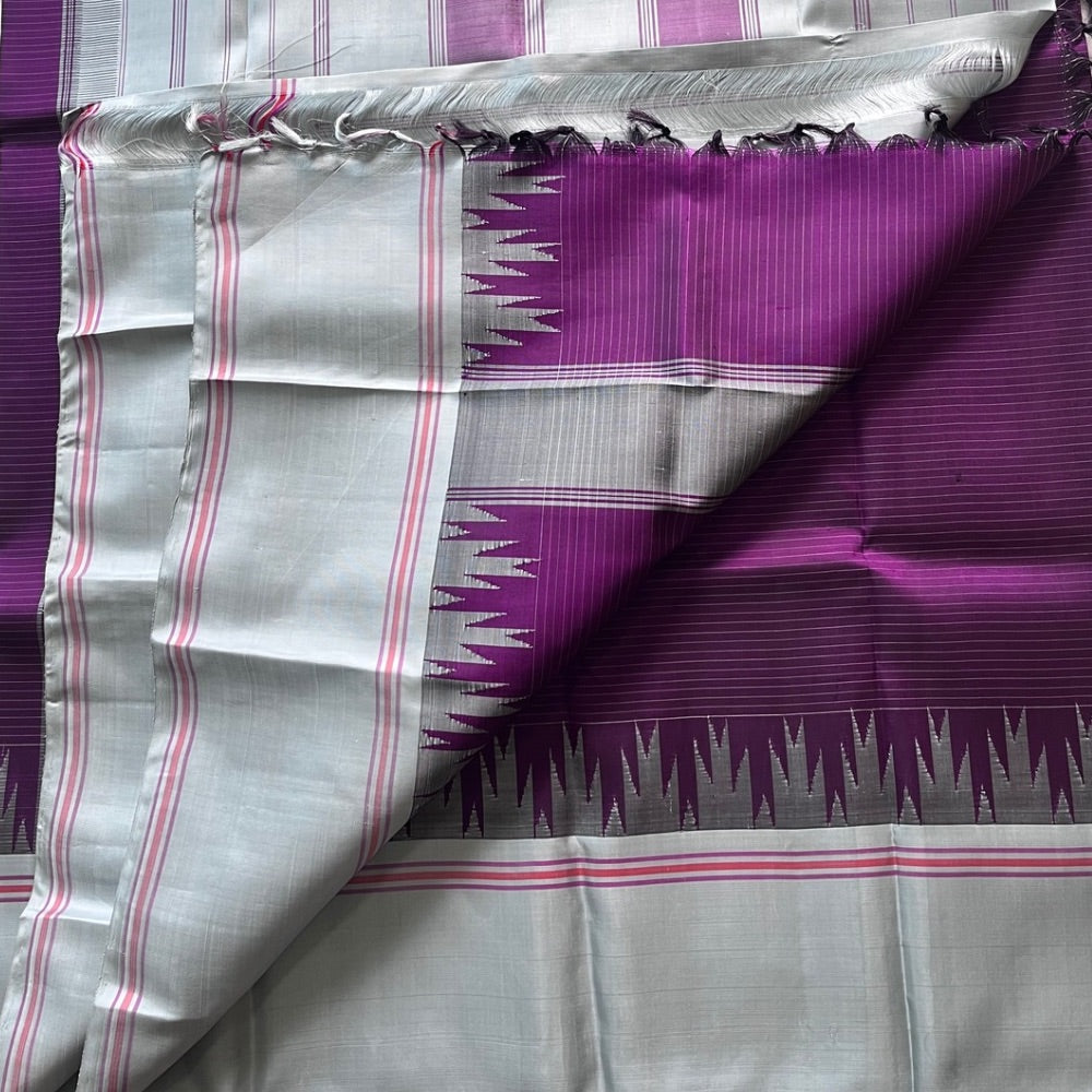 Deep Purple with Ash temple border with horizontal stripes on body, Non- Zari Kanchipuram silk saree