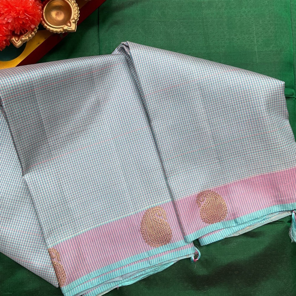 Sea Blue kasa kasa checks with mango motifs, Pink pallu & blouse Kanchipuram silk saree