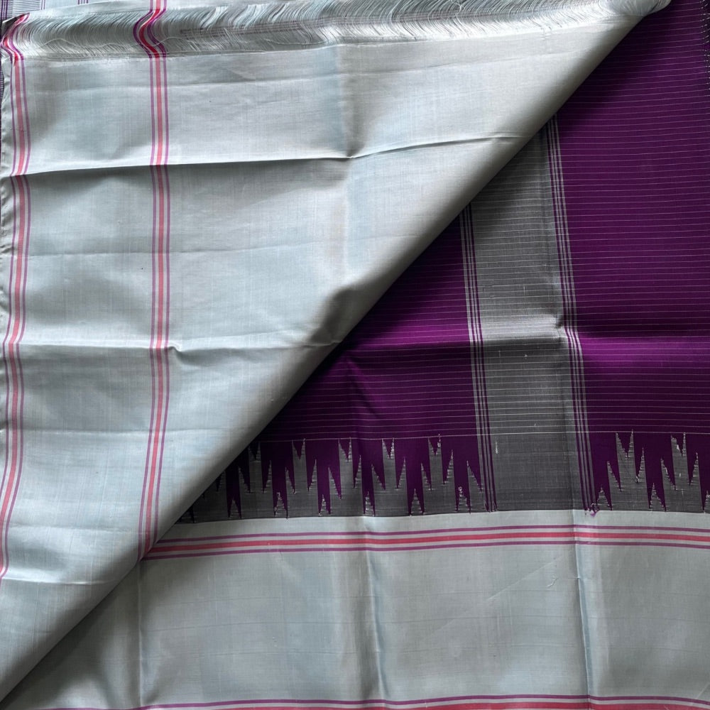 Deep Purple with Ash temple border with horizontal stripes on body, Non- Zari Kanchipuram silk saree