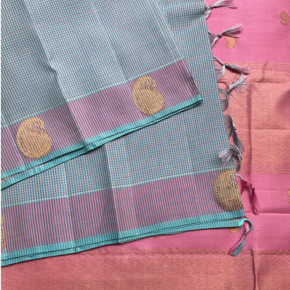 Sea Blue kasa kasa checks with mango motifs, Pink pallu & blouse Kanchipuram silk saree