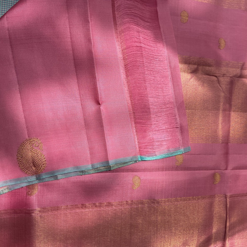 Sea Blue kasa kasa checks with mango motifs, Pink pallu & blouse Kanchipuram silk saree