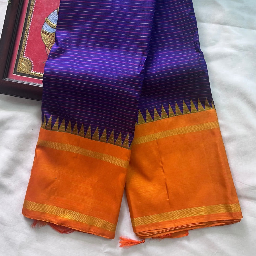 Marigold with violet korvai Kanchipuram silk saree