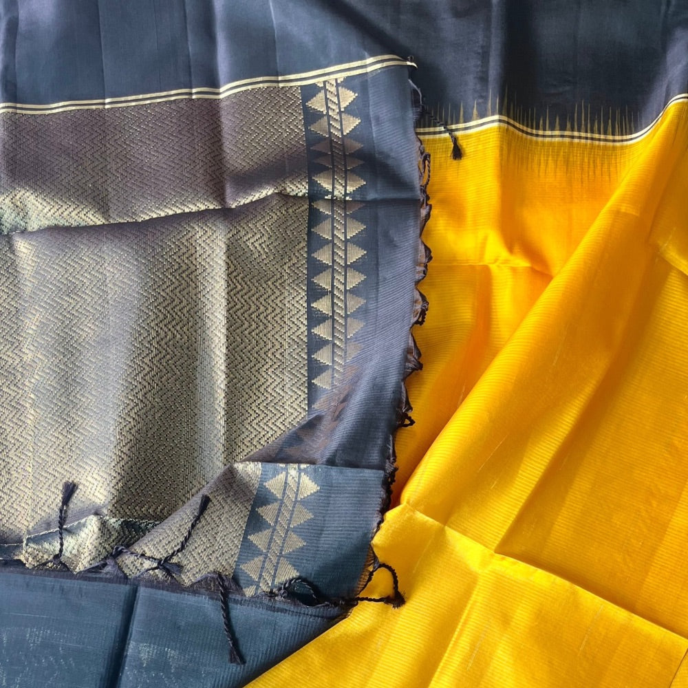 Mango Yellow with Black in Kanchipuram silk light weight