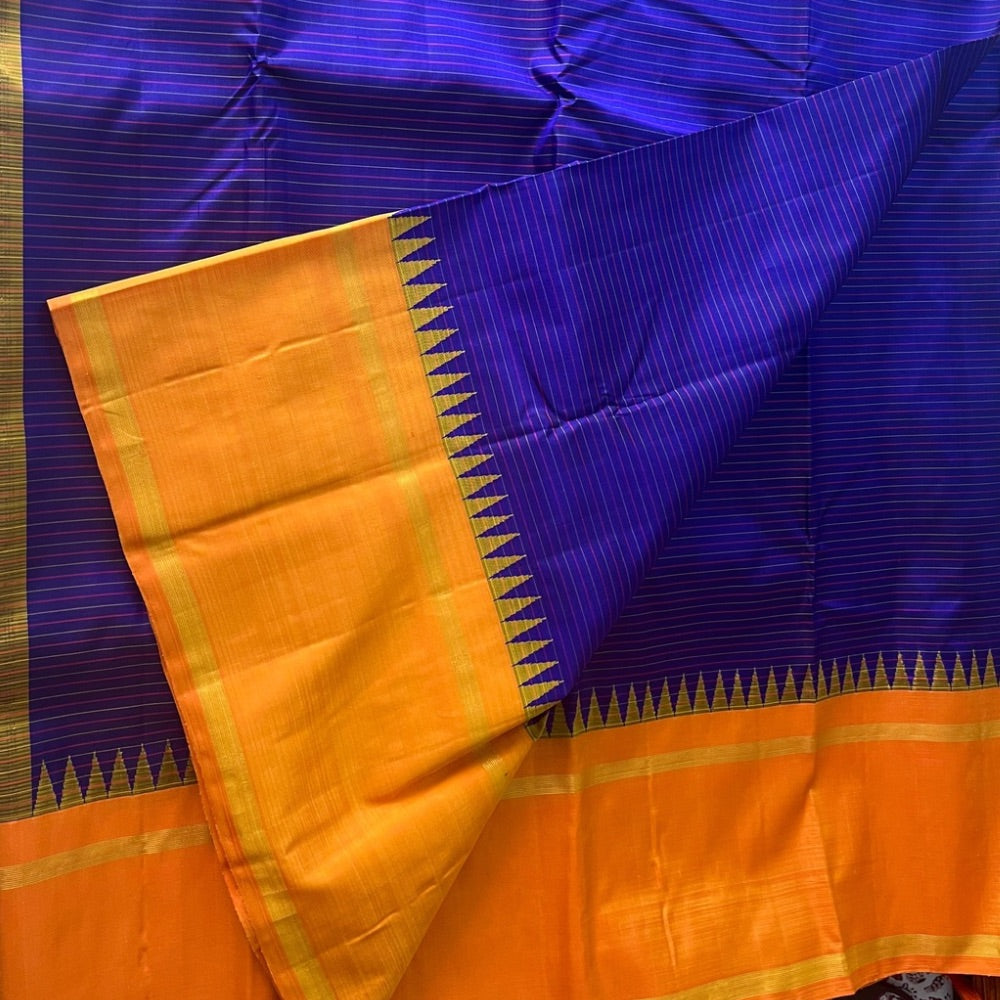 Marigold with violet korvai Kanchipuram silk saree