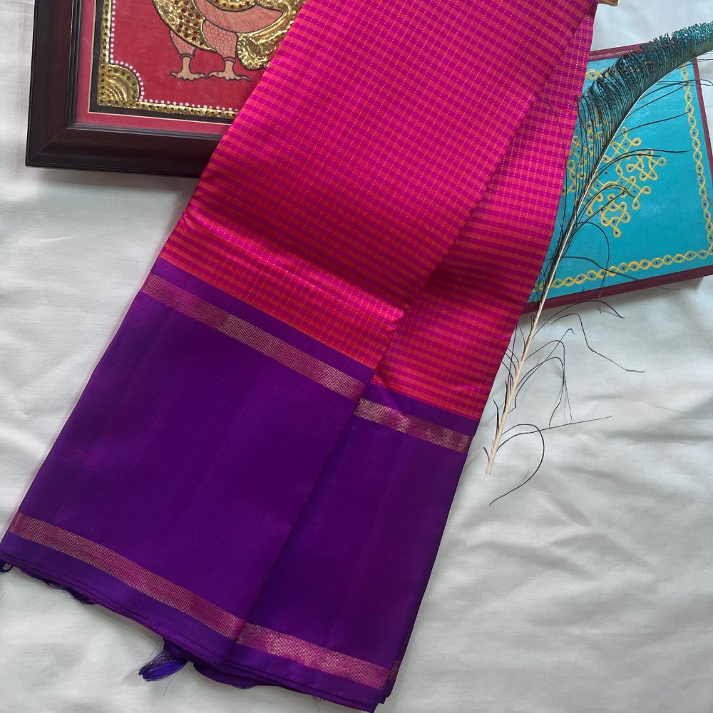 Temple Twilight- Rose pink, Royal purple with muted Olive Kanchipuram silks