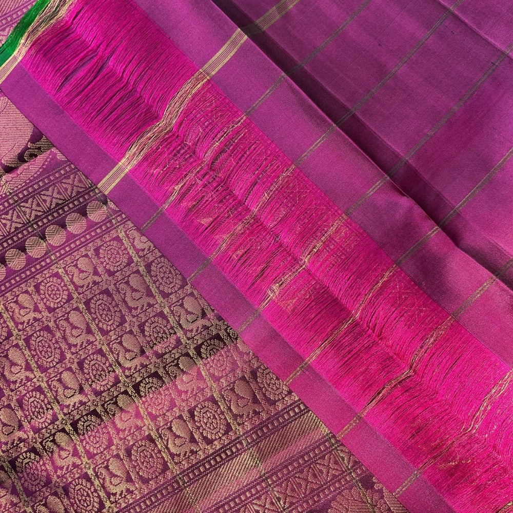 Rust Orange dual tone with deep magenta light weight Kanchipuram silk