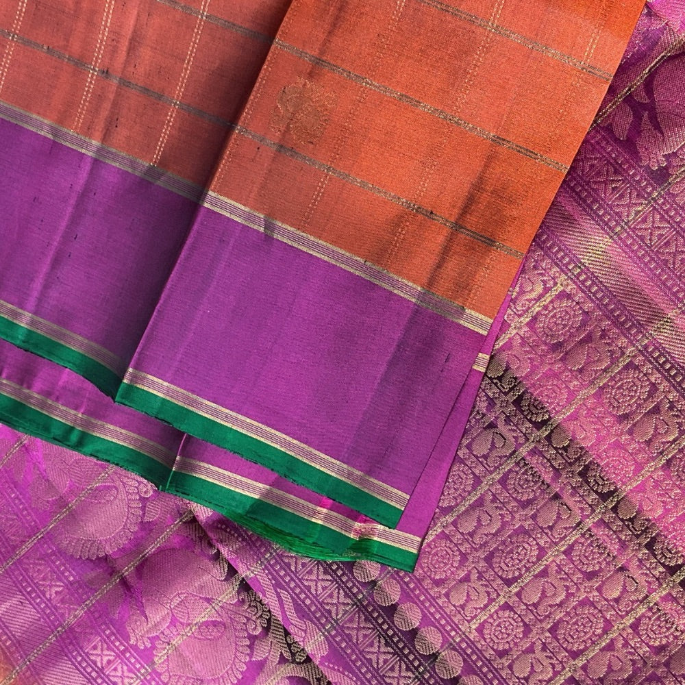 Rust Orange dual tone with deep magenta light weight Kanchipuram silk