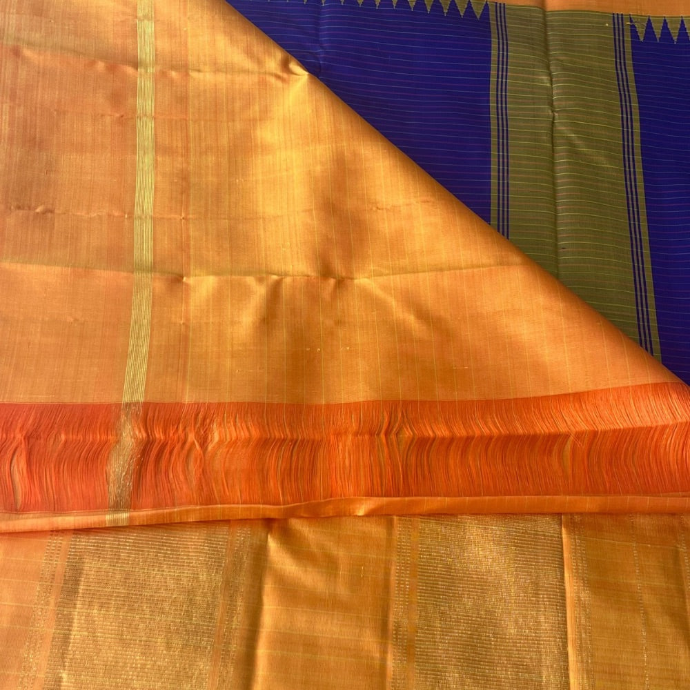 Marigold with violet korvai Kanchipuram silk saree