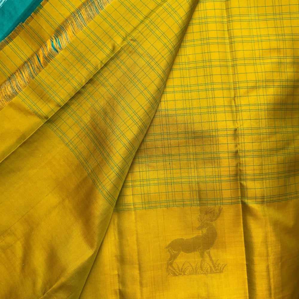 Lemon Green with Teal blue light weight Kanchipuram silks