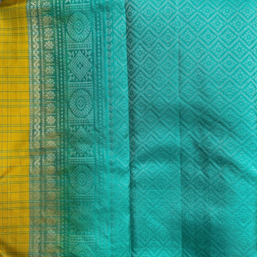 Lemon Green with Teal blue light weight Kanchipuram silks