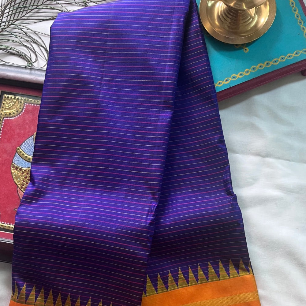 Marigold with violet korvai Kanchipuram silk saree