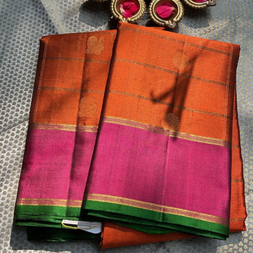Rust Orange dual tone with deep magenta light weight Kanchipuram silk