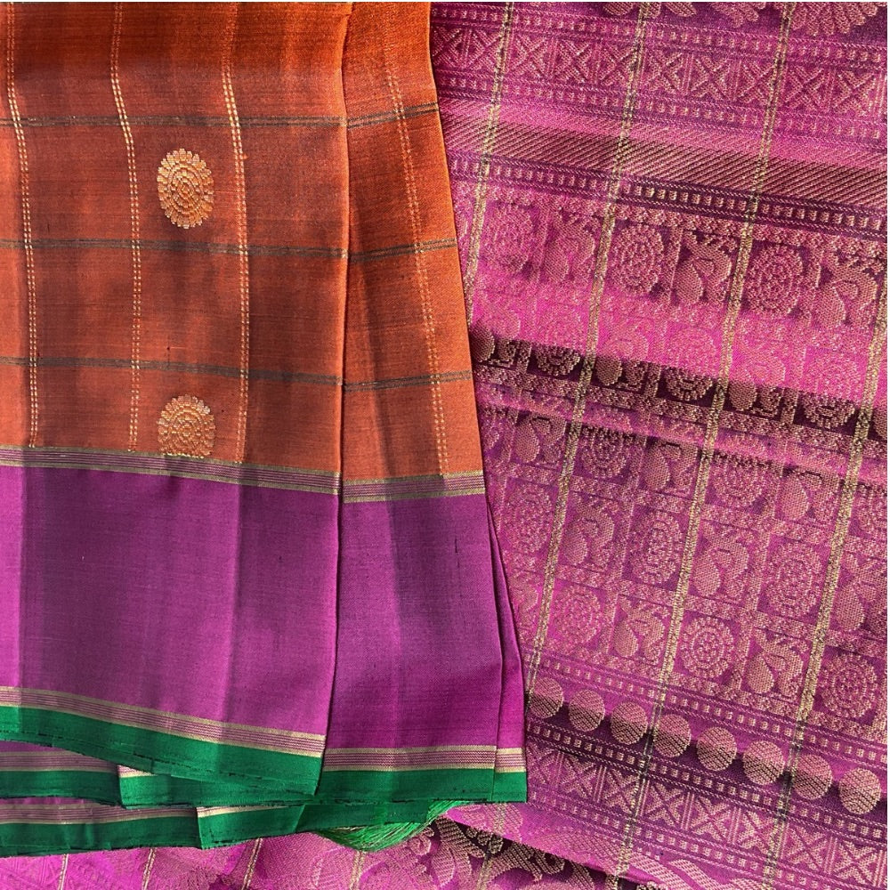 Rust Orange dual tone with deep magenta light weight Kanchipuram silk