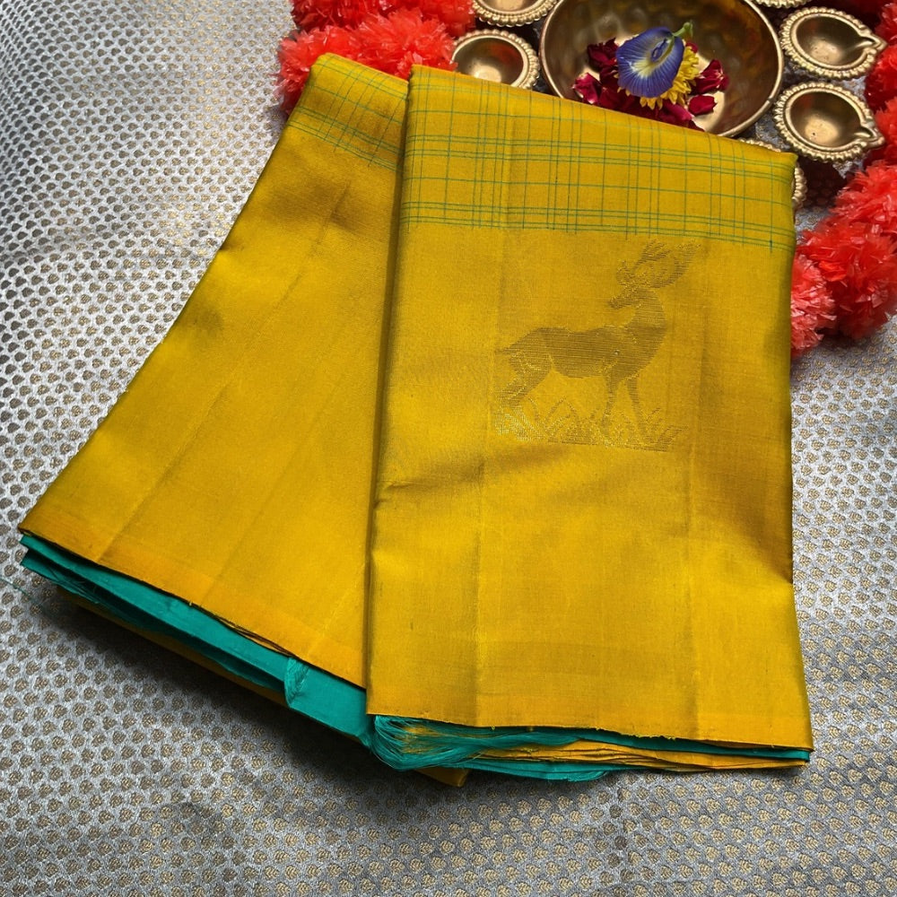 Lemon Green with Teal blue light weight Kanchipuram silks