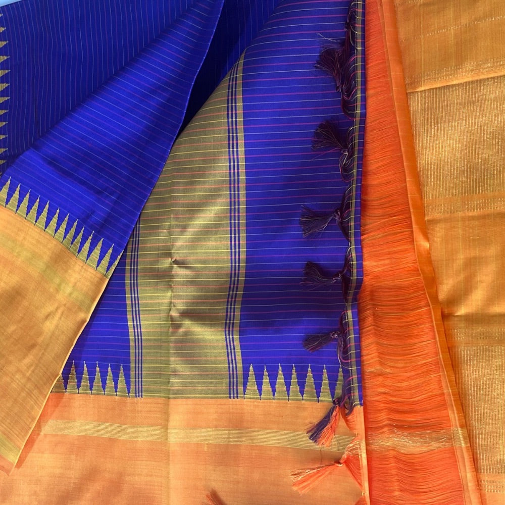 Marigold with violet korvai Kanchipuram silk saree