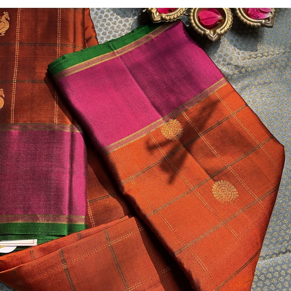 Rust Orange dual tone with deep magenta light weight Kanchipuram silk